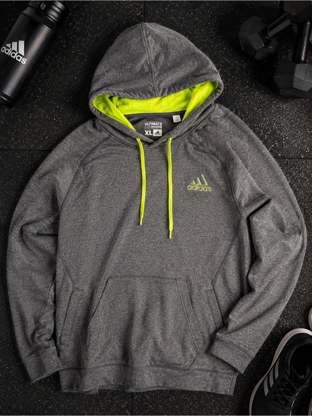 Adidas Climawarm Heather Grey Neon Green Athletic‎ Hoodie XL